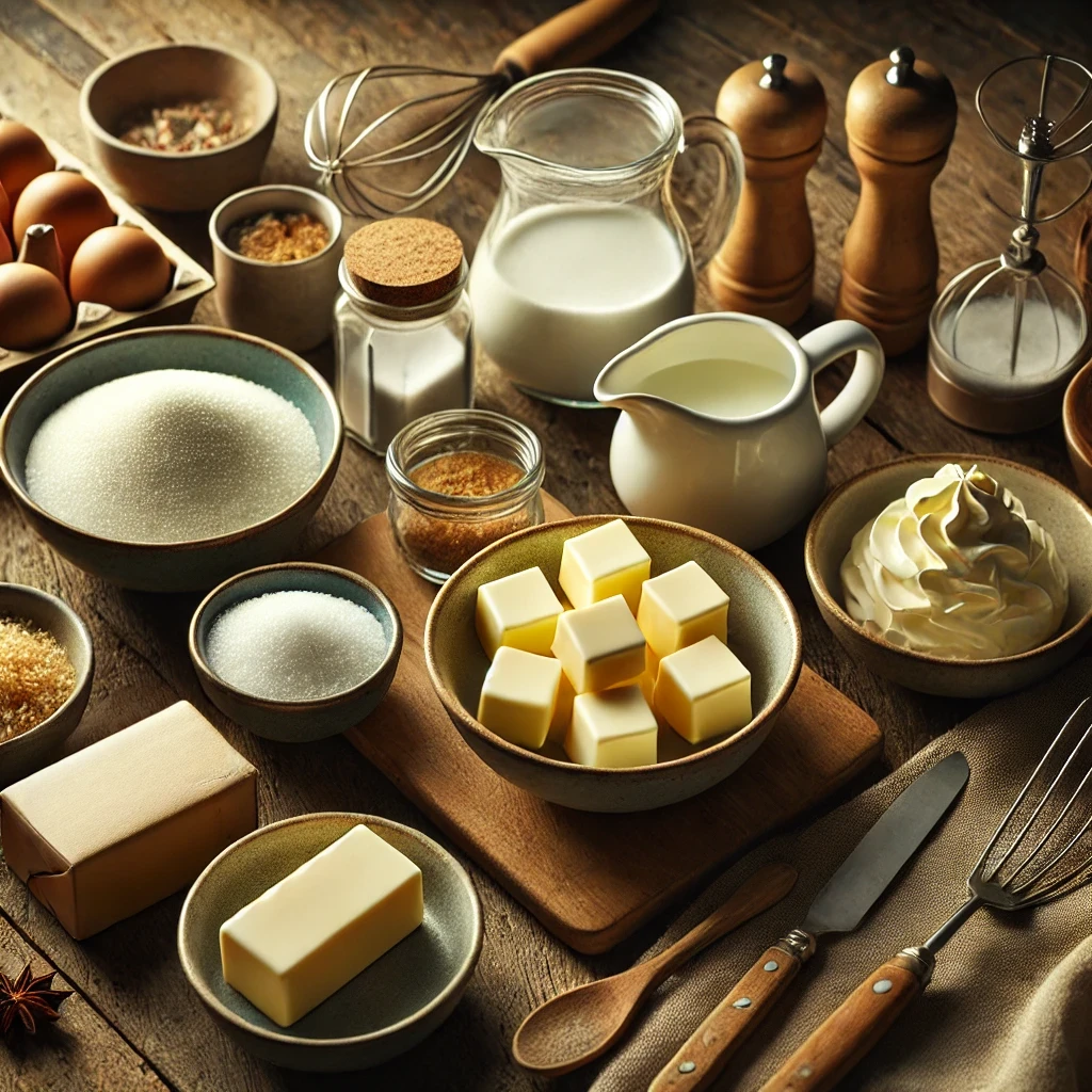 Ingrédients pour préparer un caramel beurre salé : sucre, beurre demi-sel, crème et une pincée de sel de mer, disposés élégamment sur une table en bois, dans une ambiance chaleureuse et rustique. Les ingrédients sont mis en valeur par une lumière douce et accueillante.