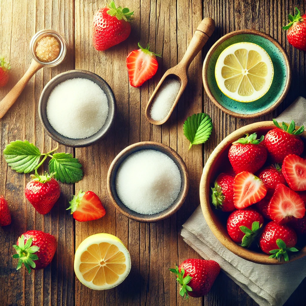 Les ingrédients frais pour préparer le sorbet à la fraise : fraises mûres, sucre, citron et eau, présentés sur une table en bois rustique avec une lumière naturelle, mettant en avant le goût délicieux du sorbet à la fraise.