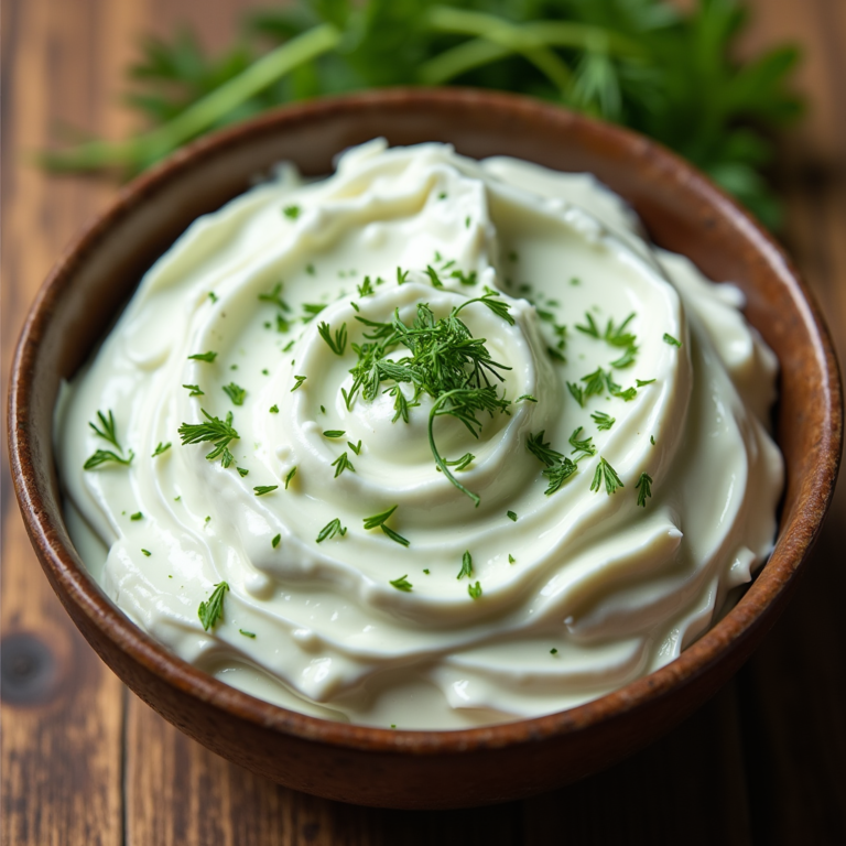Un bol de salade crémeuse au concombre, avec une texture lisse et riche, garni d'herbes fraîches comme de l'aneth. La crème est épaisse et onctueuse, offrant une présentation délicieuse. Le bol est posé sur une surface en bois rustique, avec un arrière-plan simple et chaleureux, mettant en valeur la fraîcheur de ce plat léger et crémeux.