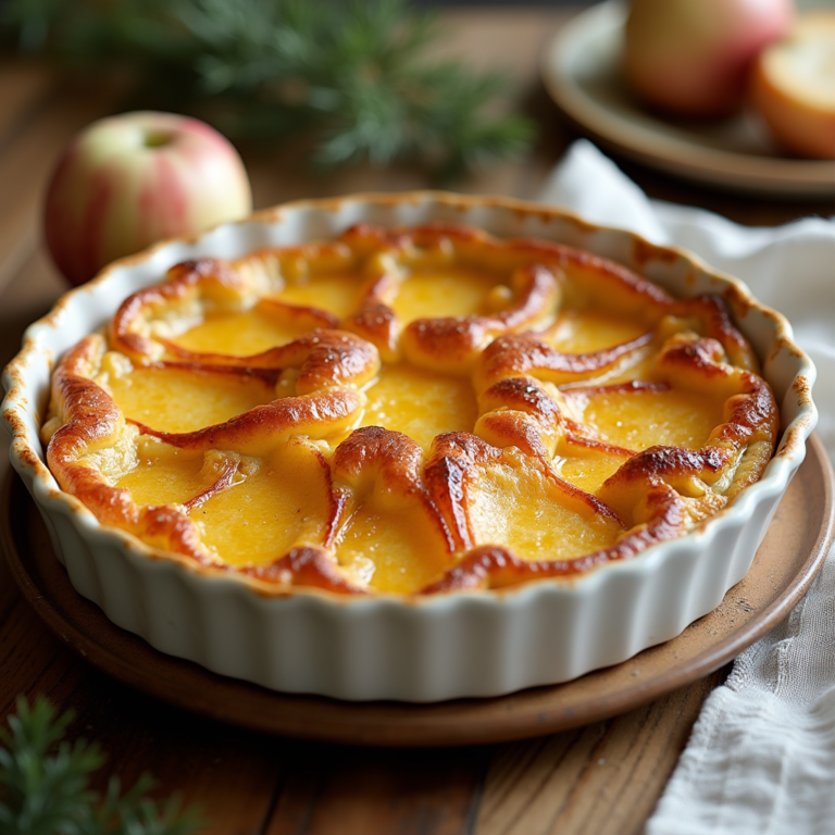 Un clafoutis aux pommes doré et légèrement gonflé, garni de tranches de pommes disposées artistiquement, accompagné de crème fouettée et de tranches de pommes fraîches. L'image dégage une atmosphère chaleureuse et invitante, avec une lumière douce mettant en valeur les couleurs vibrantes du dessert.