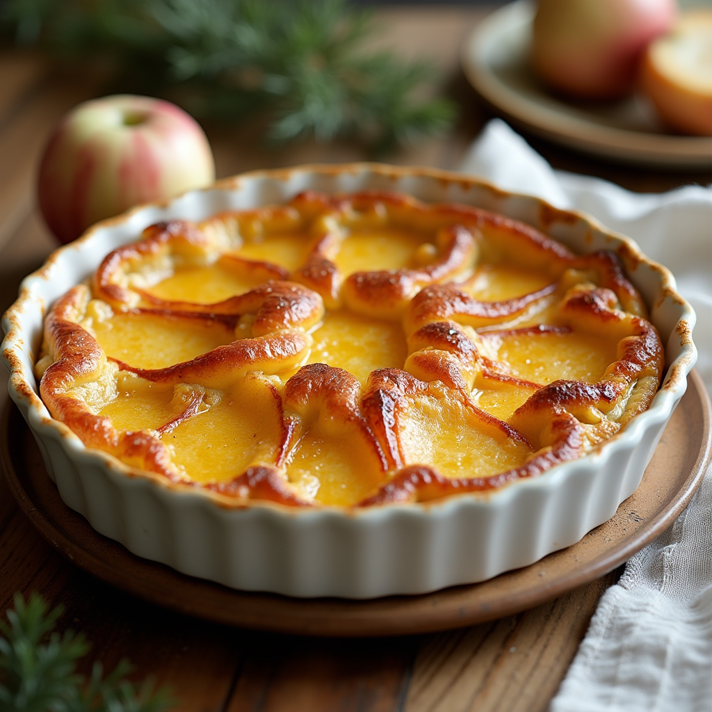 Un clafoutis aux pommes doré et légèrement gonflé, garni de tranches de pommes disposées artistiquement, accompagné de crème fouettée et de tranches de pommes fraîches. L'image dégage une atmosphère chaleureuse et invitante, avec une lumière douce mettant en valeur les couleurs vibrantes du dessert.