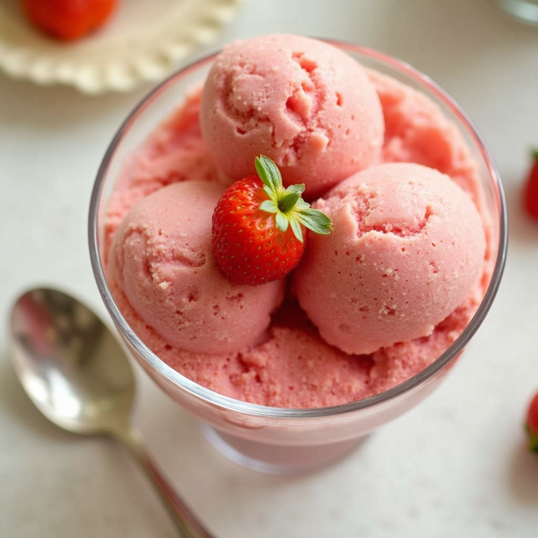 Un délicieux sorbet à la fraise maison servi dans une coupe, garni de fraises fraîches et de feuilles de menthe, parfait pour une journée d'été.
