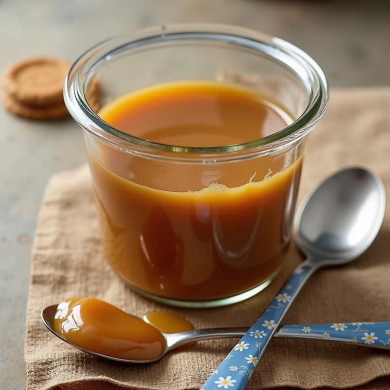 Un pot de caramel beurre salé, avec une texture riche et soyeuse, de couleur dorée. Le caramel est légèrement en retrait du bord du pot, montrant sa consistance crémeuse et onctueuse. À côté, une cuillère en métal avec un manche bleu orné de petites fleurs blanches est prête à servir une portion du caramel. Le fond tissé en osier met en valeur la douceur et la chaleur du caramel.