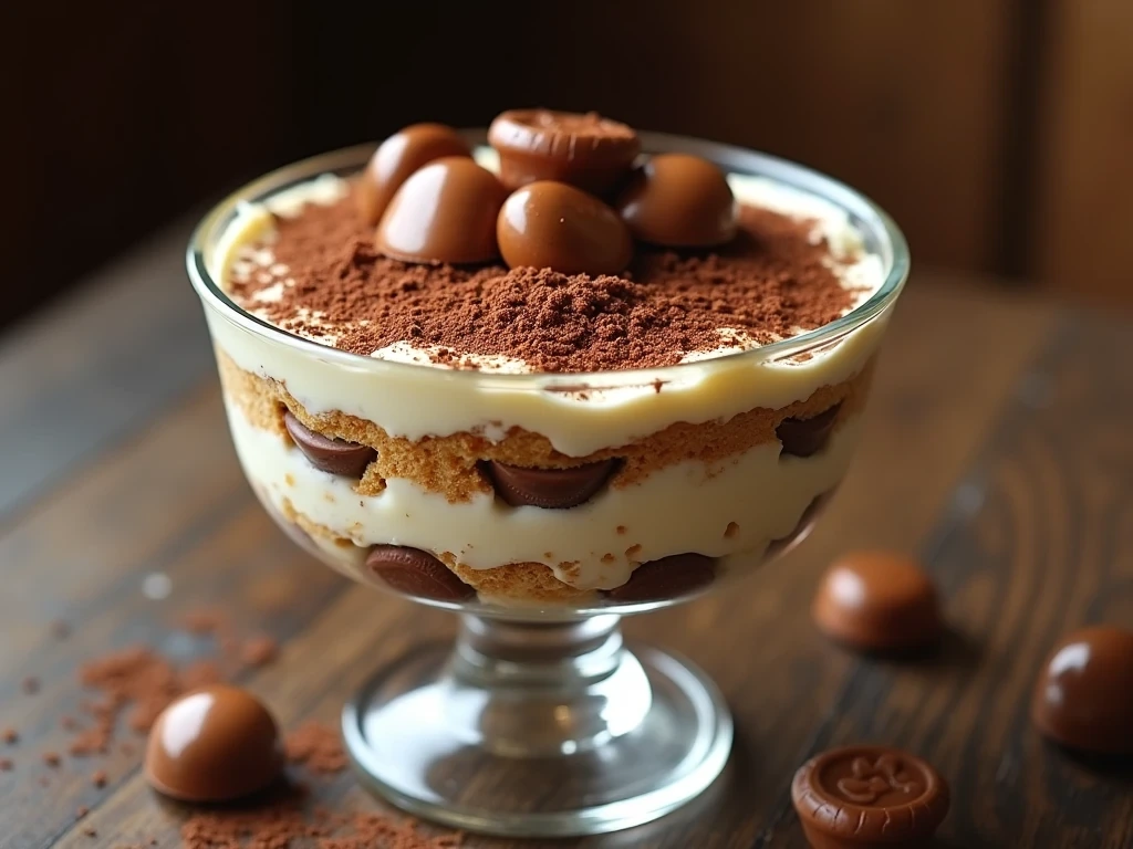 Un tiramisu Kinder Bueno décadent avec des couches crémeuses de mascarpone et de biscuits trempés au café, garni de morceaux de Kinder Bueno et d’une légère poussière de chocolat râpé, servi dans un élégant bol sur une table en bois.