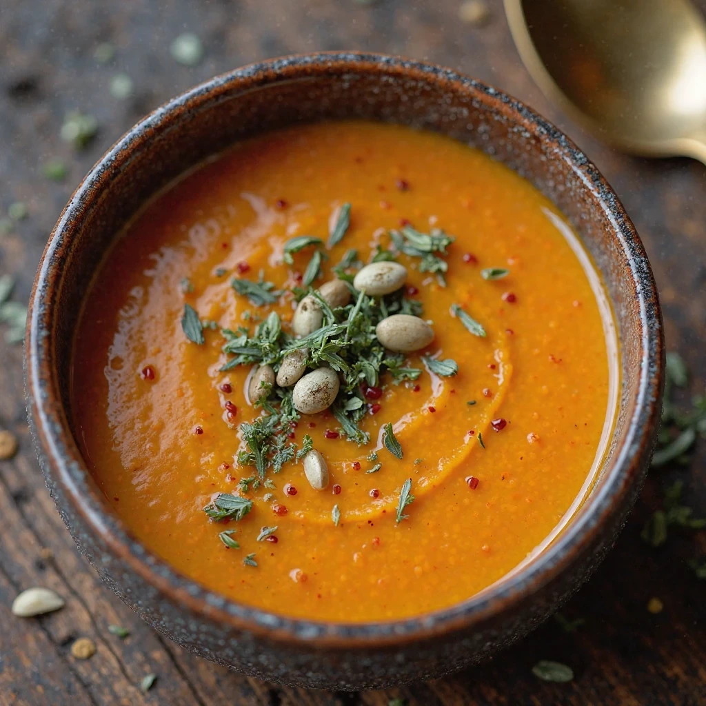 Bol de soupe butternut et carotte crémeuse, décoré d’herbes fraîches et de graines sur une table en bois.