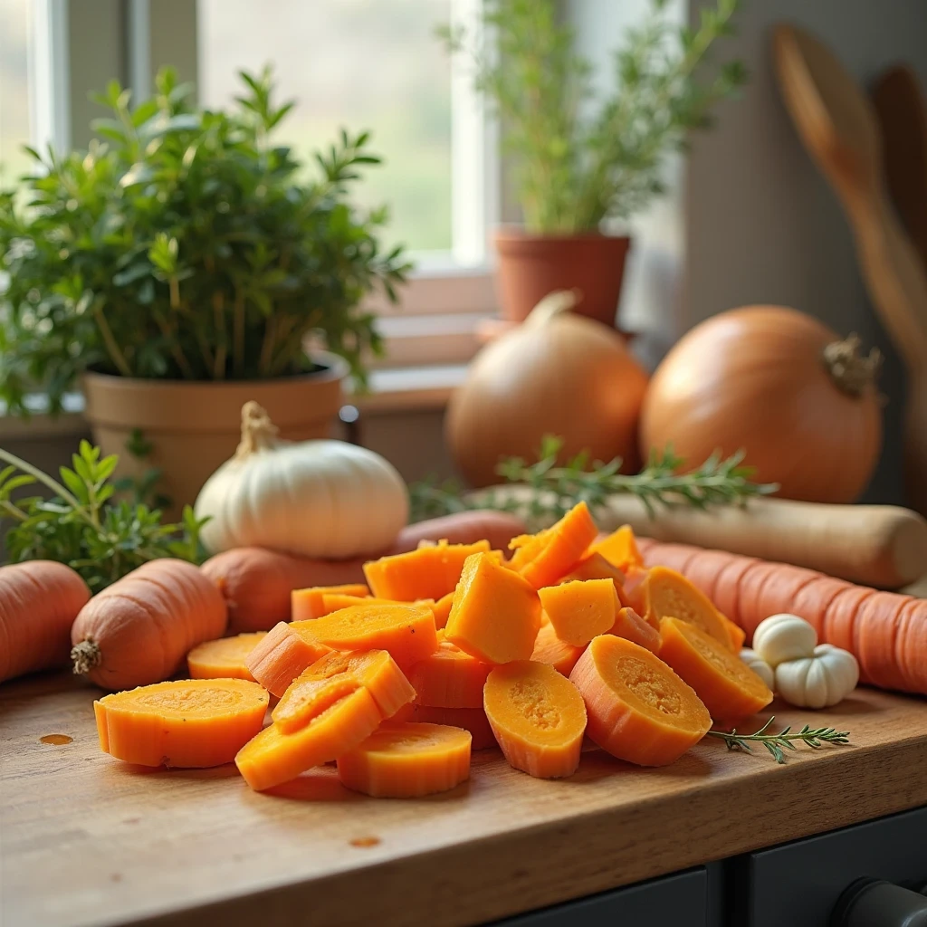 Courge butternut, carottes, oignons et herbes fraîches prêts à être cuisinés.