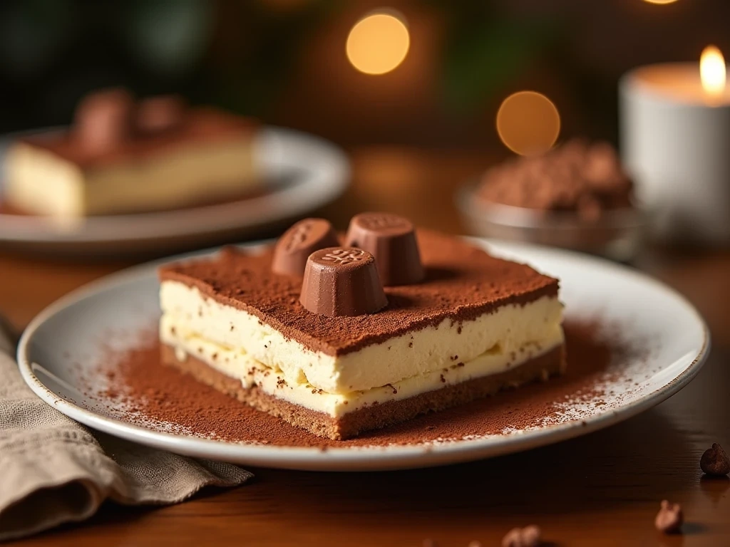 Scène de dégustation d'un tiramisu Kinder Bueno, garni de morceaux de Kinder Bueno et d’une légère poussière de cacao, servi sur une table en bois avec un éclairage doux, créant une atmosphère chaleureuse et accueillante