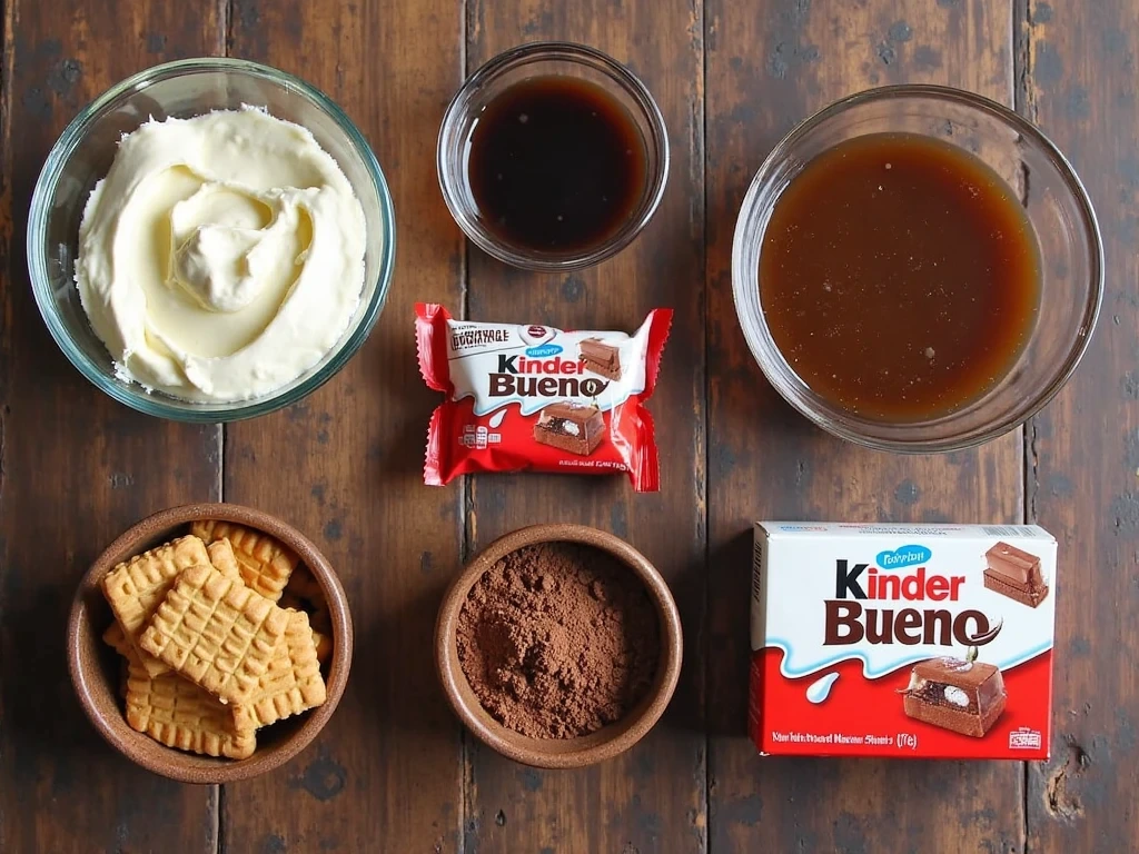 Vue aérienne des ingrédients nécessaires pour le tiramisu Kinder Bueno : mascarpone frais, café, cacao en poudre, chocolat Kinder Bueno, biscuits et un bol de chocolat râpé, disposés sur une surface en bois